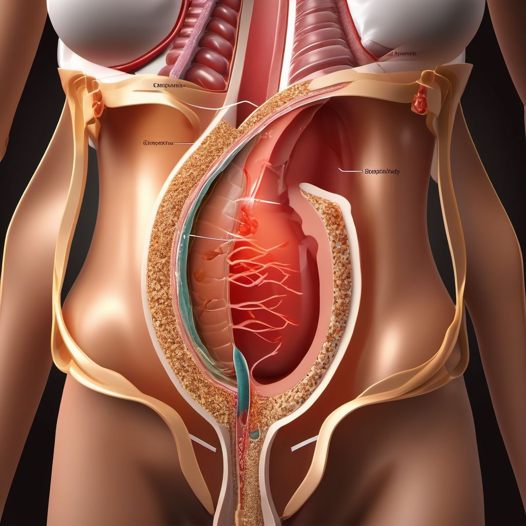 Laceration with foreign body of abdominal wall with penetration into peritoneal cavity digital illustration
