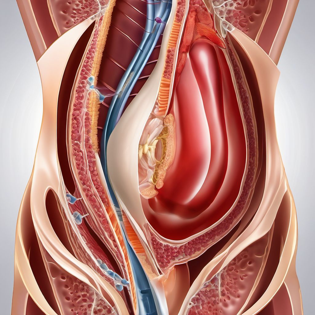 Laceration with foreign body of abdominal wall, epigastric region with penetration into peritoneal cavity digital illustration