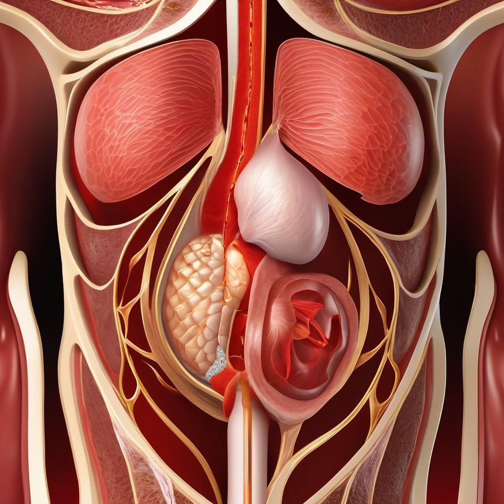 Laceration with foreign body of abdominal wall, right lower quadrant with penetration into peritoneal cavity digital illustration