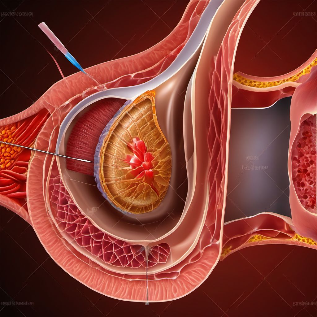 Laceration with foreign body of abdominal wall, left lower quadrant with penetration into peritoneal cavity digital illustration