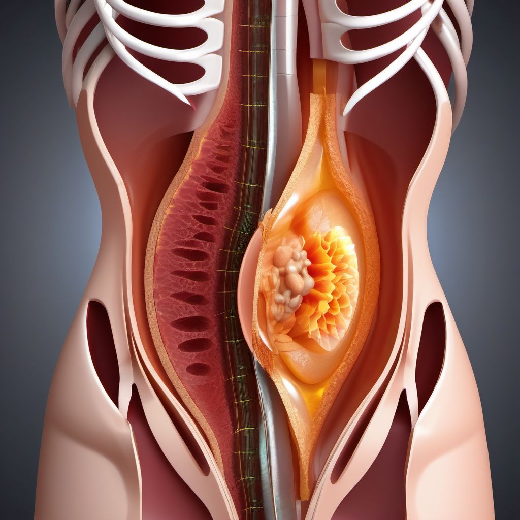Puncture wound with foreign body of abdominal wall with penetration into peritoneal cavity digital illustration