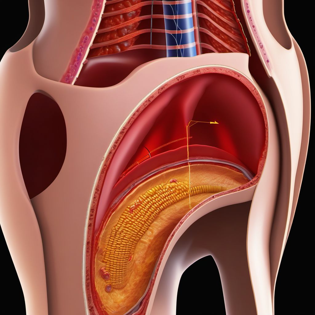 Puncture wound with foreign body of abdominal wall, right upper quadrant with penetration into peritoneal cavity digital illustration