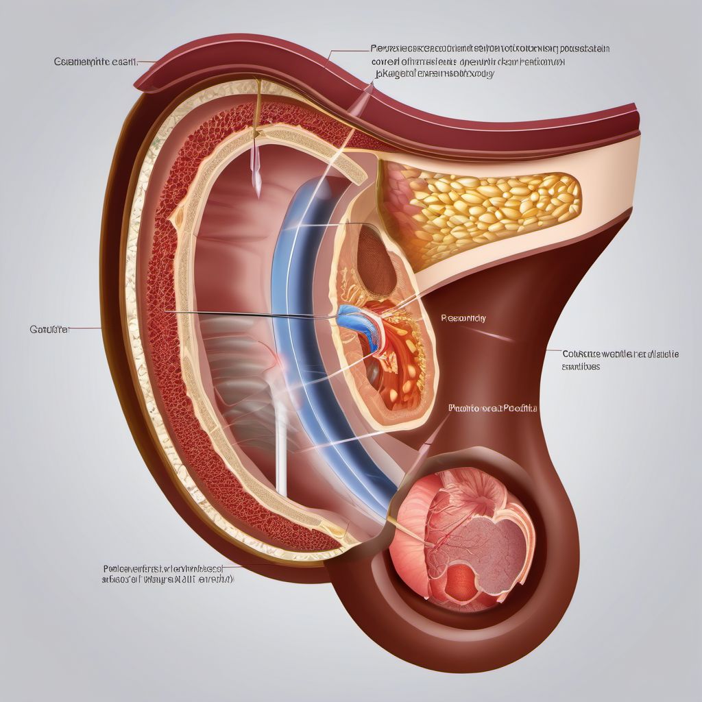 Puncture wound with foreign body of abdominal wall, left upper quadrant with penetration into peritoneal cavity digital illustration