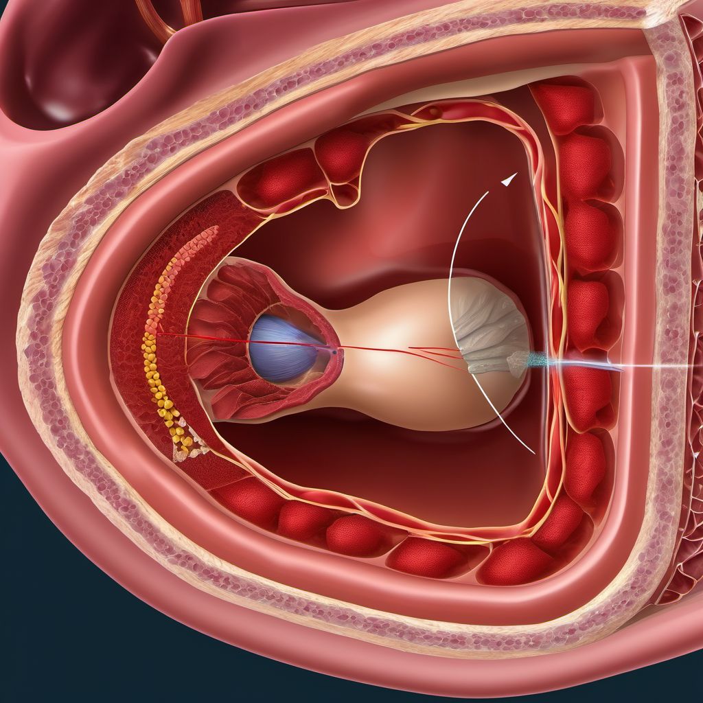 Puncture wound with foreign body of abdominal wall, right lower quadrant with penetration into peritoneal cavity digital illustration