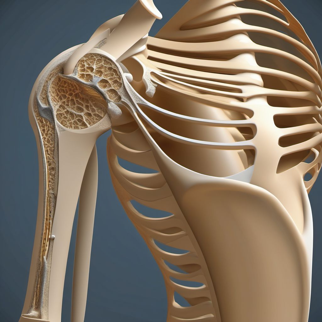 Displaced segmental fracture of shaft of humerus, right arm digital illustration