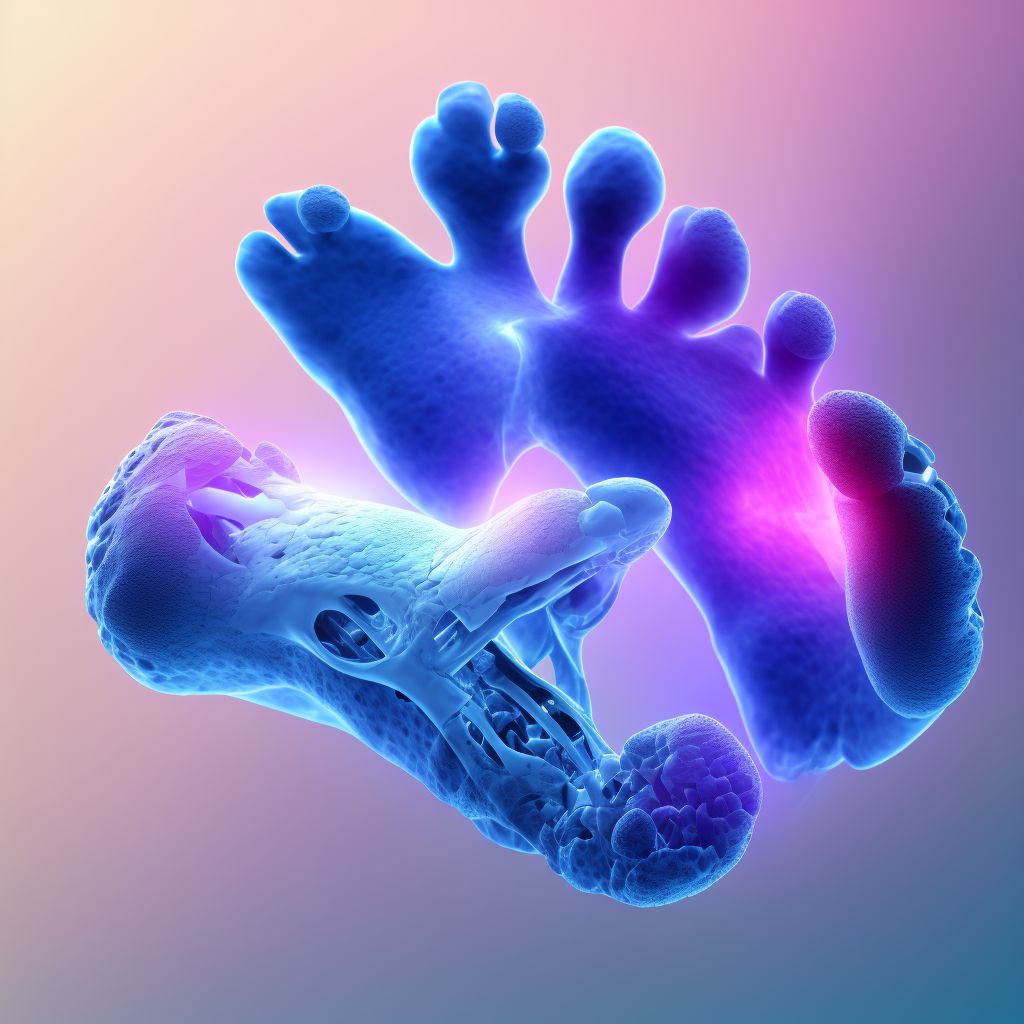 Displaced fracture of second metatarsal bone, right foot, subsequent encounter for fracture with delayed healing digital illustration