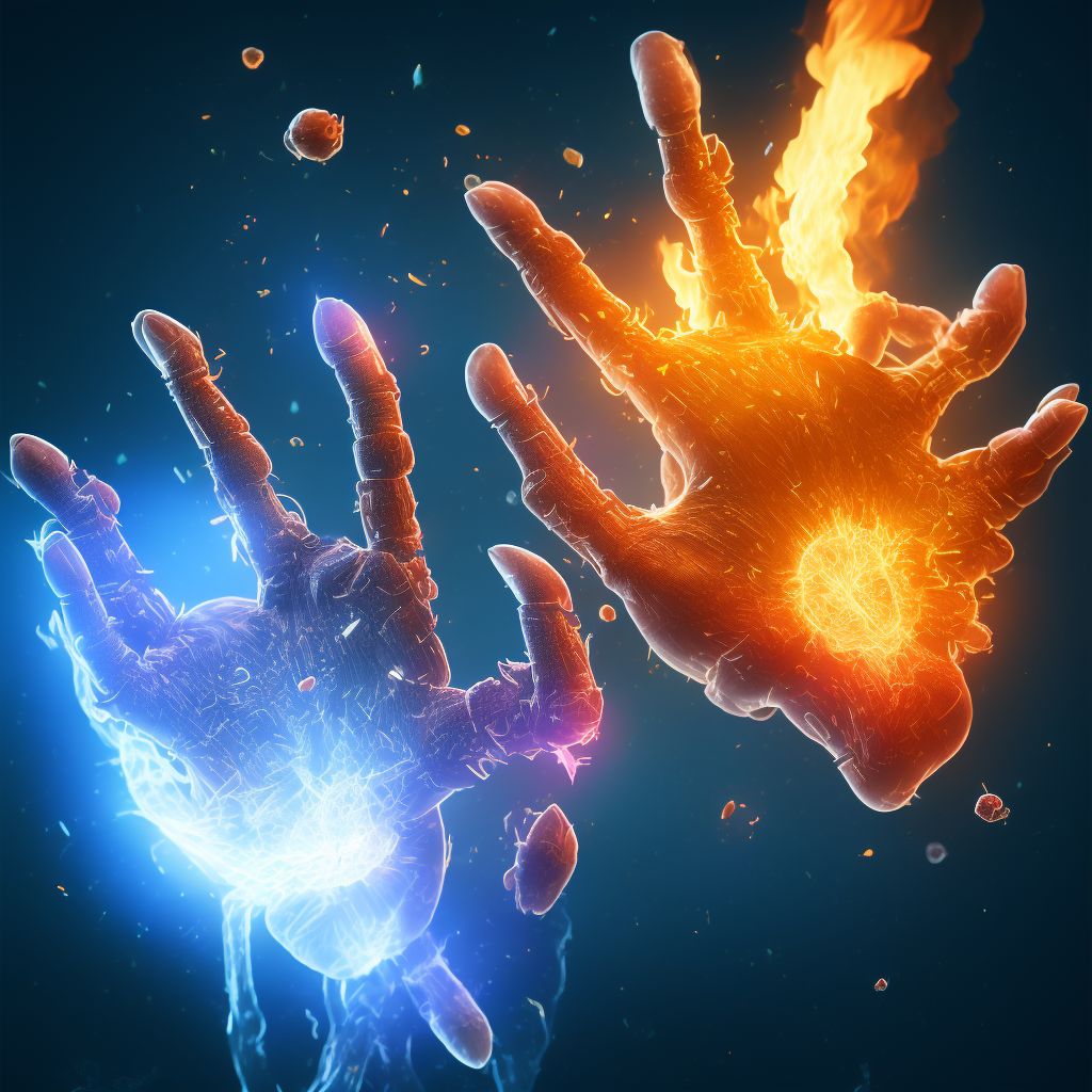 Burn of first degree of multiple sites of right wrist and hand, subsequent encounter digital illustration