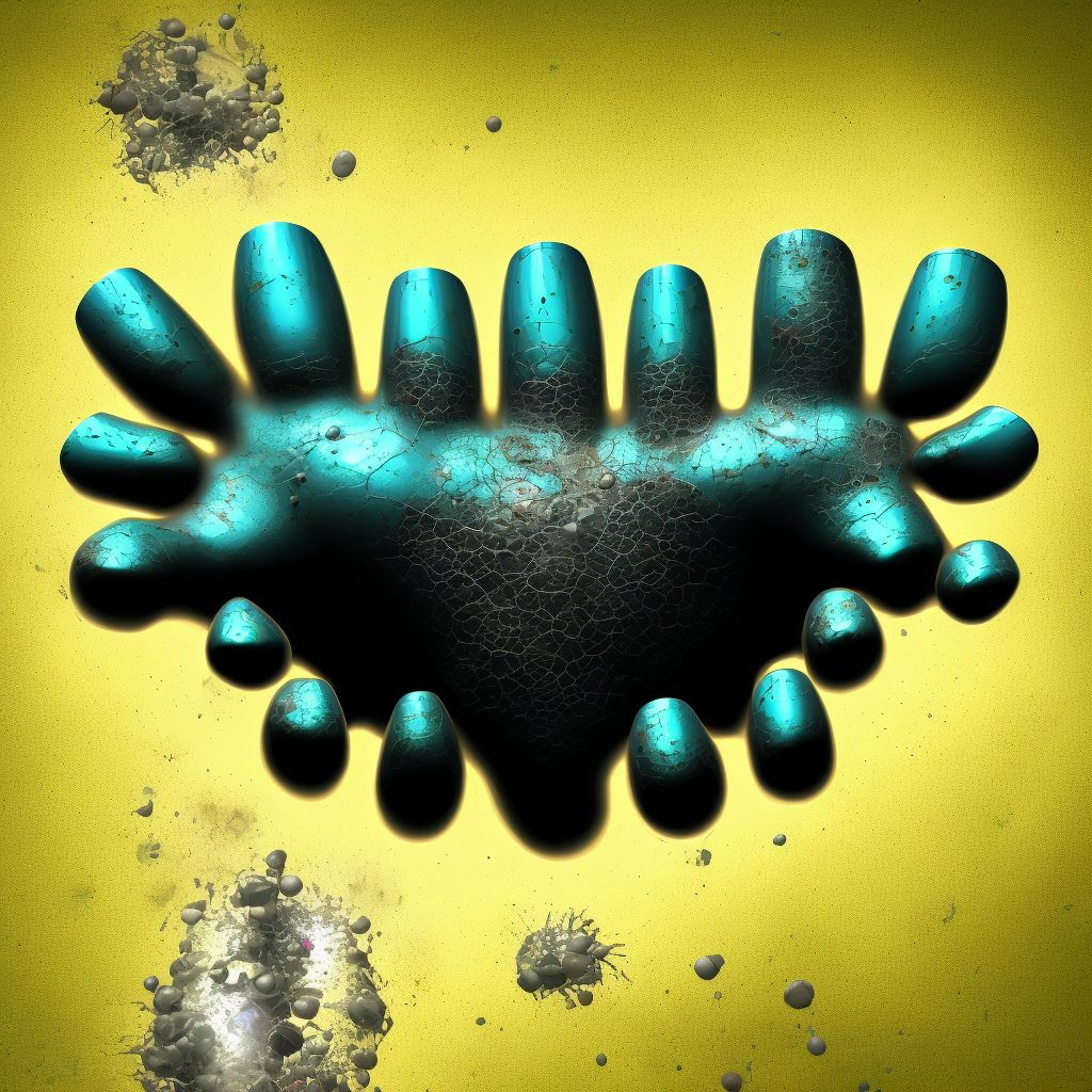 Corrosion of second degree of multiple left fingers (nail), including thumb, subsequent encounter digital illustration