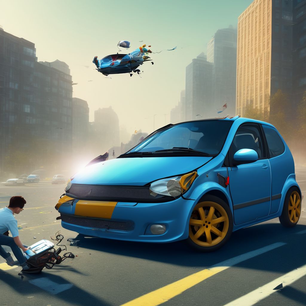 Pedestrian on other standing micro-mobility pedestrian conveyance injured in collision with car, pick-up or van, unspecified whether traffic or nontraffic accident, sequela digital illustration