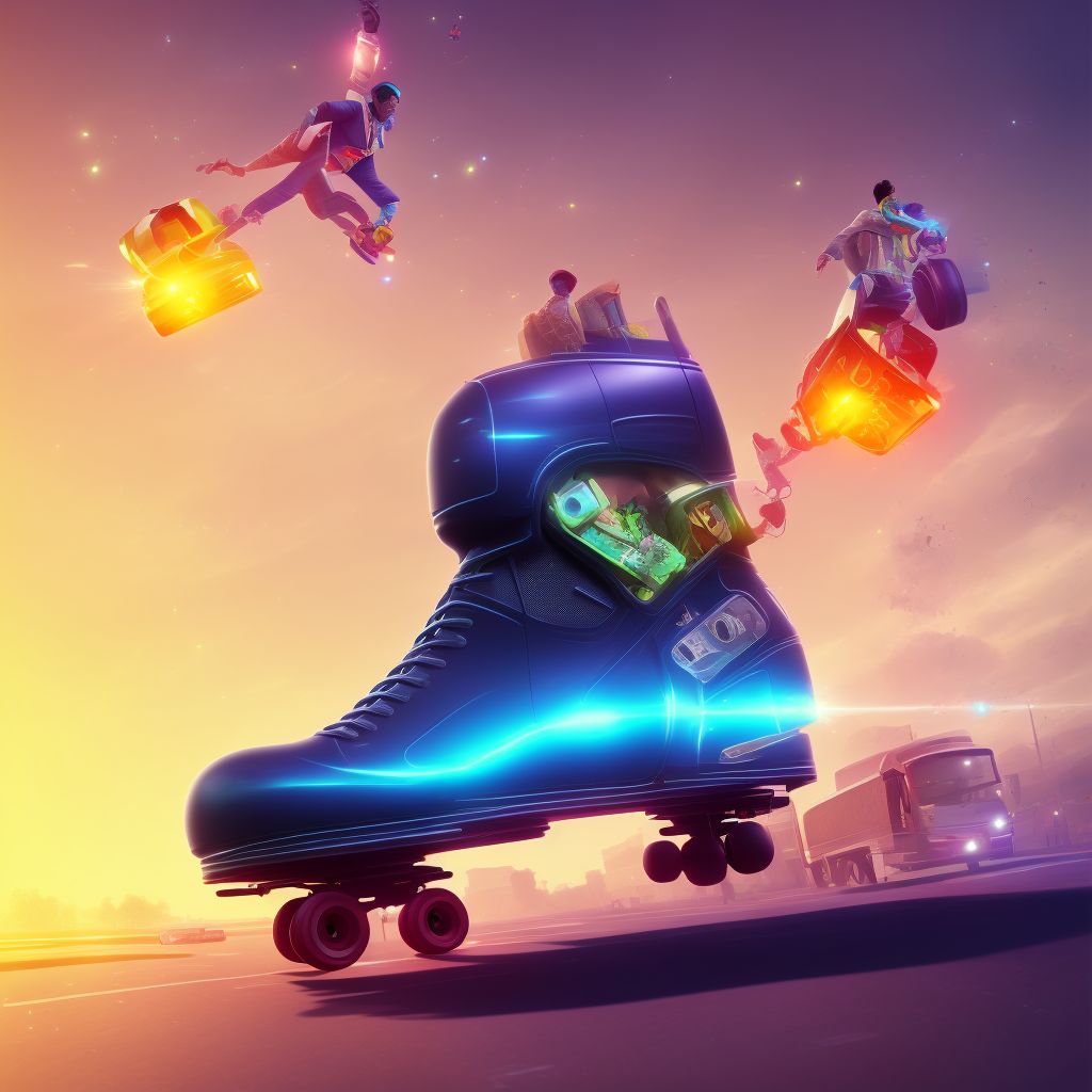 Pedestrian on roller-skates injured in collision with heavy transport vehicle or bus in nontraffic accident, sequela digital illustration