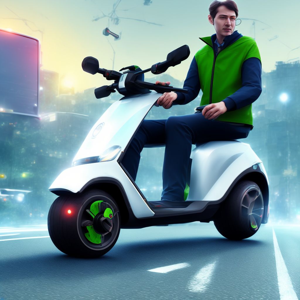 Pedestrian on standing electric scooter injured in collision with heavy transport vehicle or bus in nontraffic accident, initial encounter digital illustration