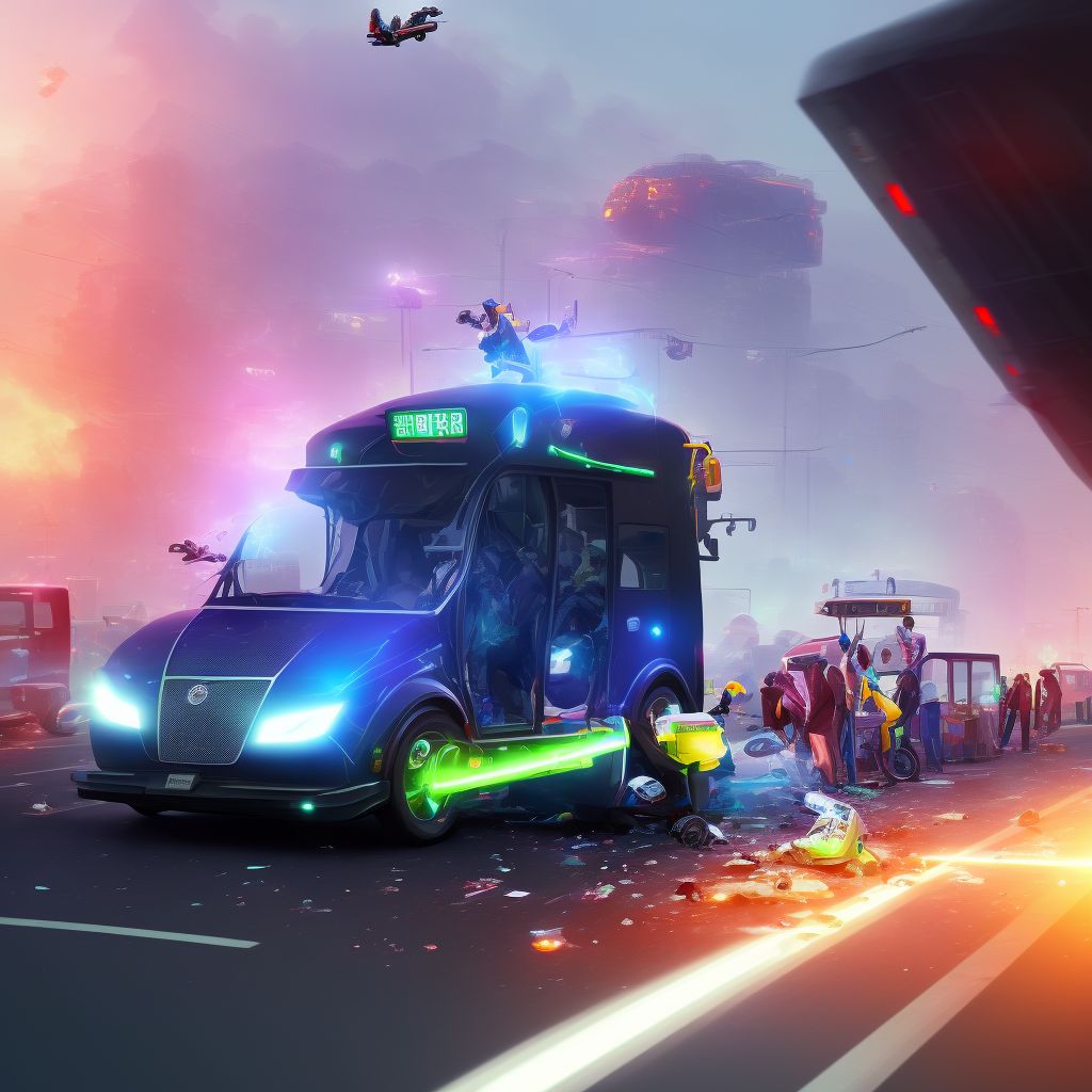 Pedestrian on standing electric scooter injured in collision with heavy transport vehicle or bus in traffic accident, initial encounter digital illustration