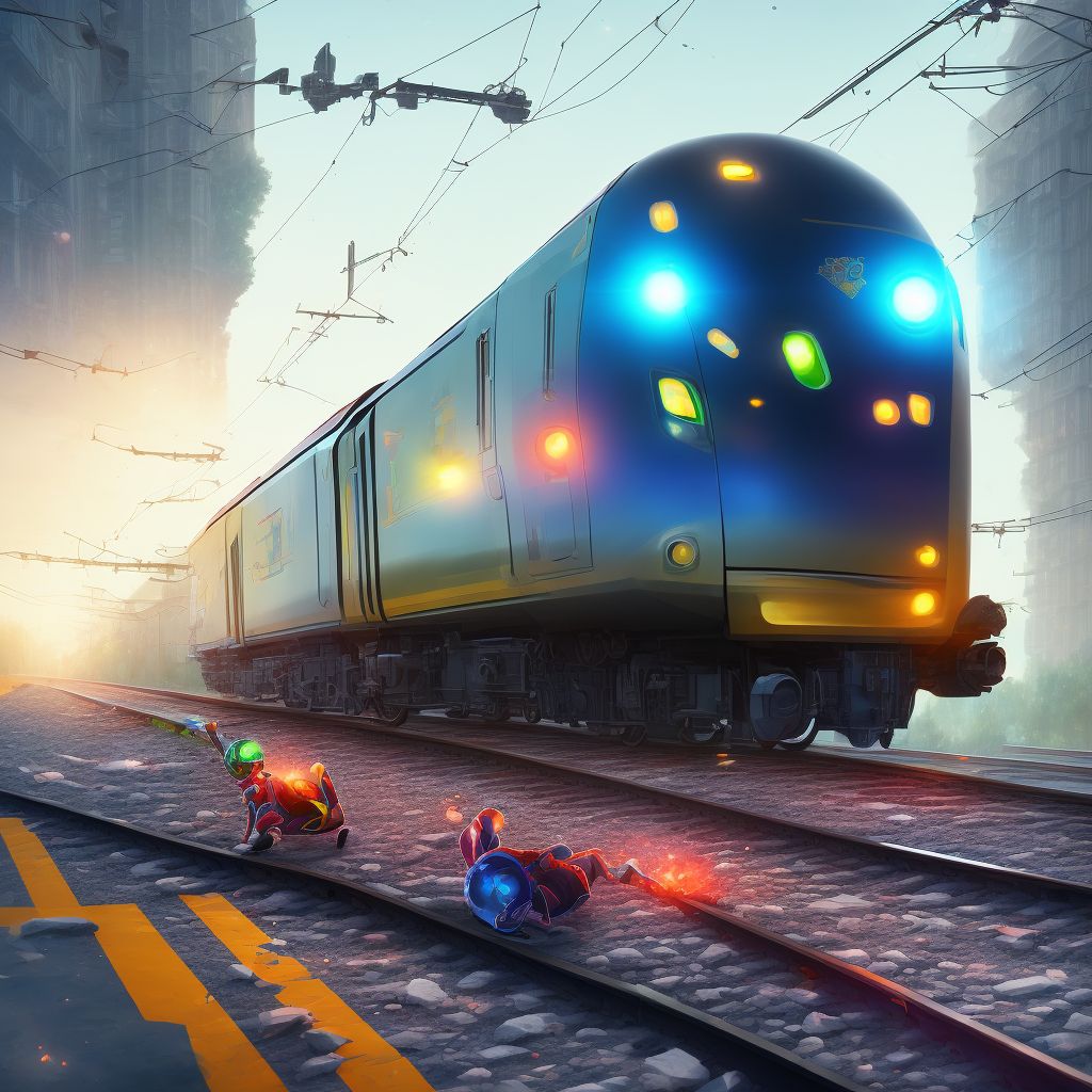 Pedestrian on skateboard injured in collision with railway train or railway vehicle in nontraffic accident, initial encounter digital illustration
