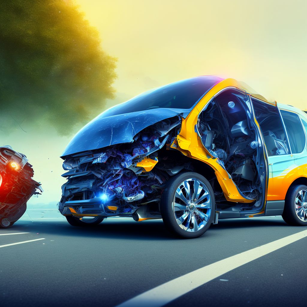 Passenger in three-wheeled motor vehicle injured in collision with heavy transport vehicle or bus in nontraffic accident, subsequent encounter digital illustration