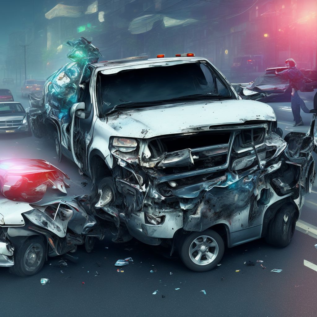 Driver of pick-up truck or van injured in collision with two- or three-wheeled motor vehicle in traffic accident, initial encounter digital illustration