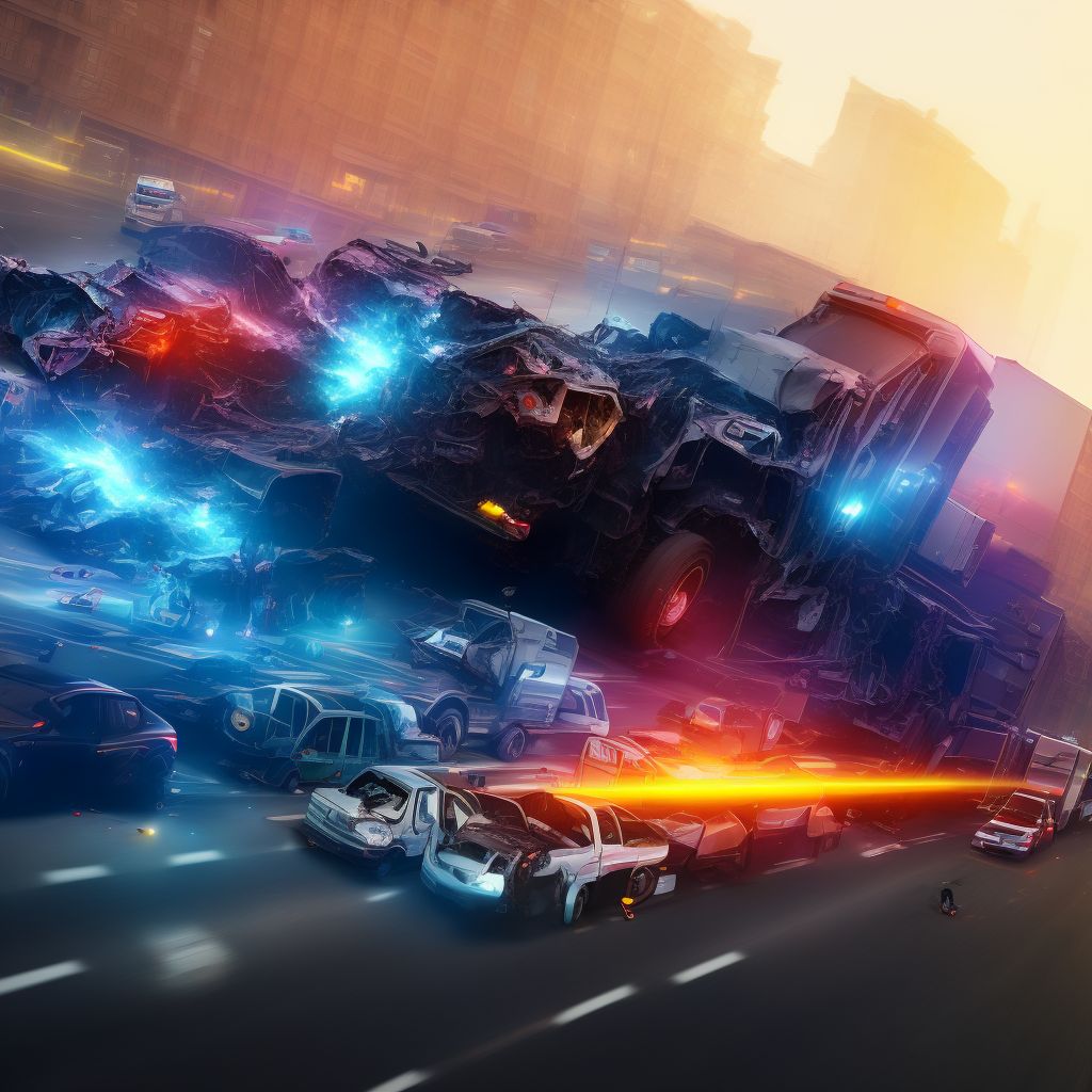 Driver of heavy transport vehicle injured in collision with other motor vehicles in traffic accident, sequela digital illustration