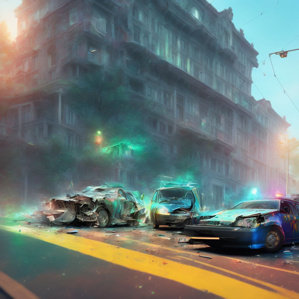 Occupant of streetcar injured in collision with motor vehicle in nontraffic accident, subsequent encounter digital illustration