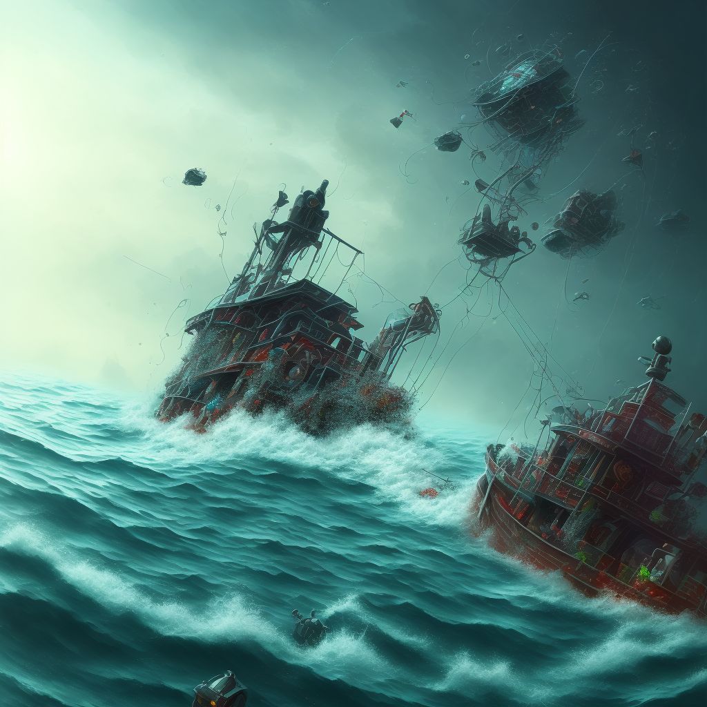 Drowning and submersion due to being thrown overboard by motion of fishing boat, subsequent encounter digital illustration