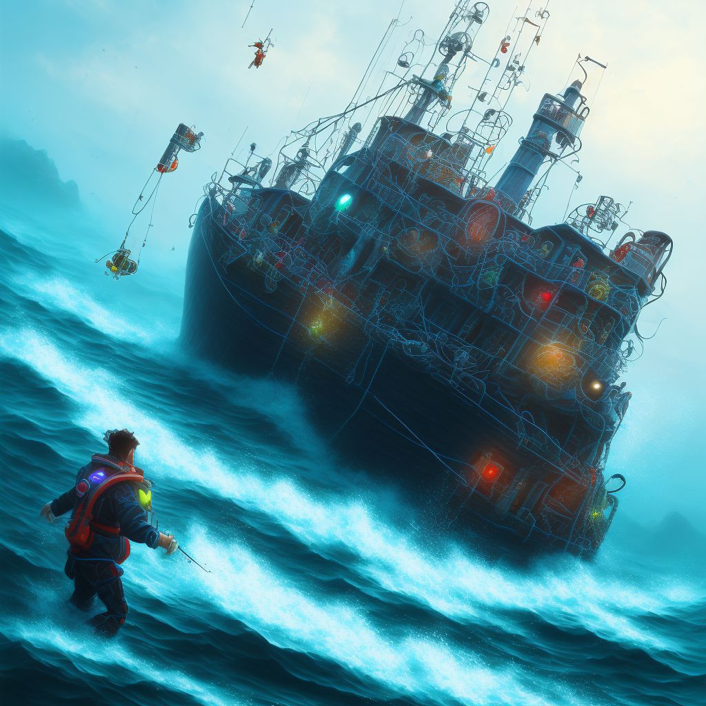Drowning and submersion due to being washed overboard from fishing boat, initial encounter digital illustration