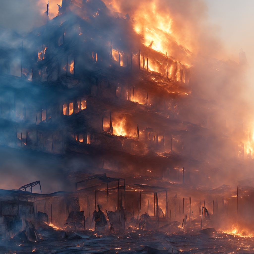 Injury due to collapse of burning building or structure in uncontrolled fire, initial encounter digital illustration